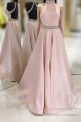Pink Backless Halter Simple Handmade Plus Size Elegant Semi Formal Prom Dresses